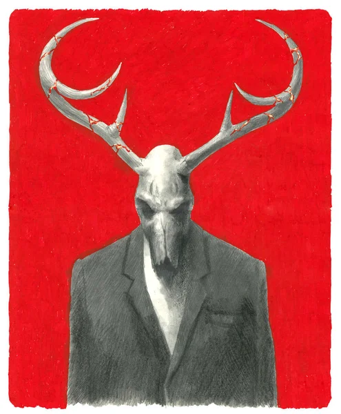 Cráneo Ciervo Disfrazado Fondo Rojo Ilustración — Foto de Stock