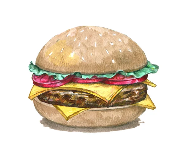 Hamburger Auf Weißem Hintergrund Hamburger Mit Aquarellen Bemalt — Stockfoto