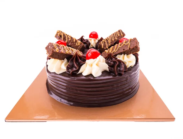 Chocolate cake with brownies and cherries on top on white backgr — Stock Photo, Image