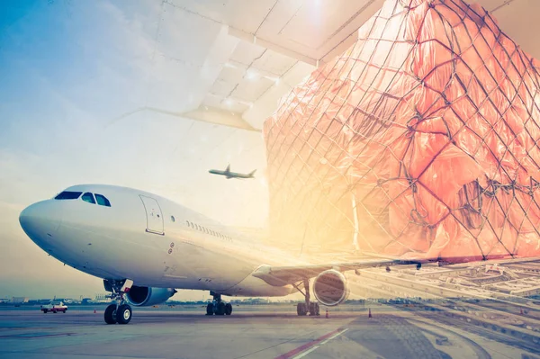 double exposure of air cargo freighter, retro vintage