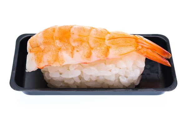Sushi aux crevettes avec récipient en plastique isolé sur le blanc — Photo