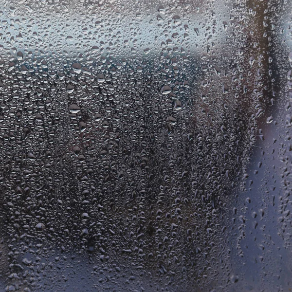 Raindrops on window of car and background in shades of blue — Stock Photo, Image