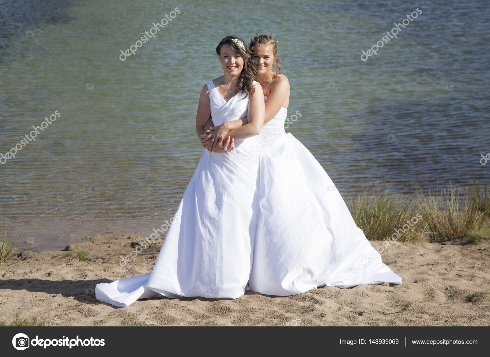 Just Married Happy Lesbian Couple In White Dress Embrace Near Sm
