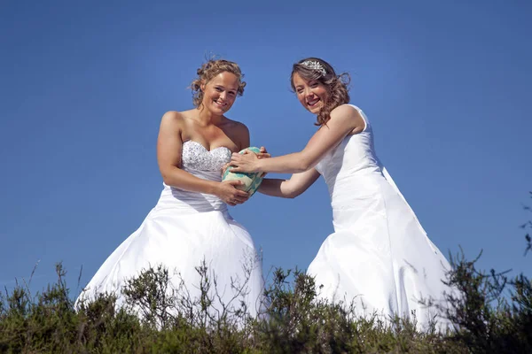 Deux mariées jouent au rugby en robe de mariée contre le ciel bleu — Photo