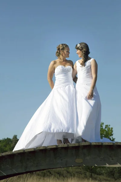 Dos novias en vestidos blancos posan en puente de madera en el bosque en s —  Fotos de Stock