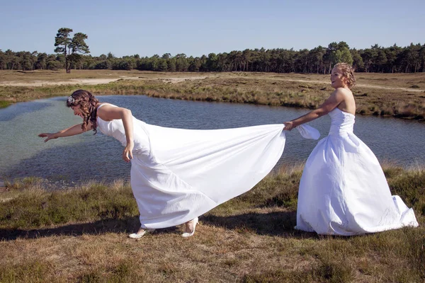 Csak boldog leszbikus házaspár fehér ruhában van közelében sm — Stock Fotó