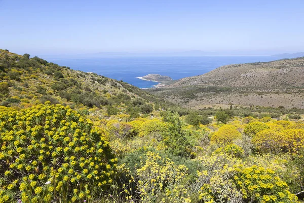 Vista sobre el mar azul de la floración hermosas colinas mani en pelopo — Foto de Stock