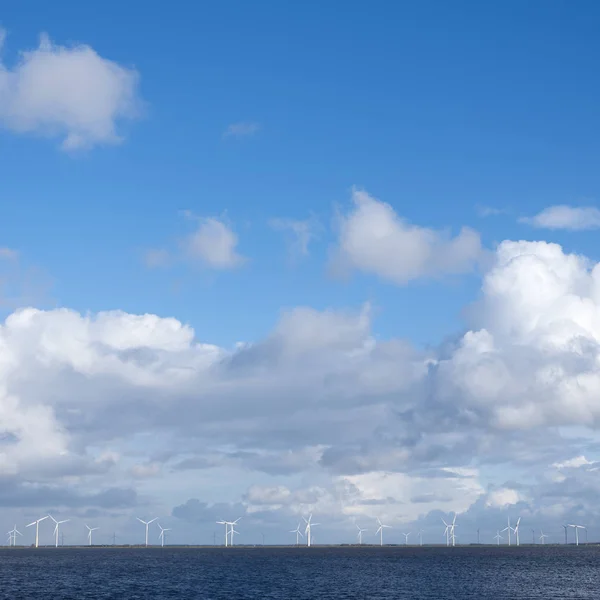 Lot of wind turbines on dutch island of flevoland behind water — Stock Photo, Image