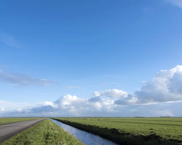 Camino de campo y canal entre vasta extensión de prados en eempolder holandés en Holanda —  Fotos de Stock