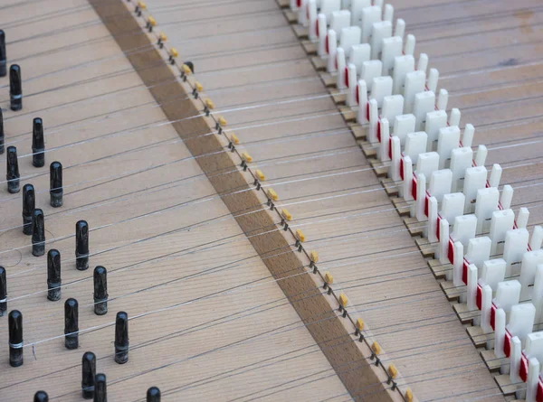 Snaror inuti kroppen av gamla cembalo med bro — Stockfoto