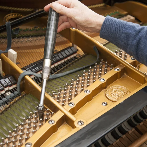 Mão e ferramentas de afinador trabalhando no piano de cauda — Fotografia de Stock
