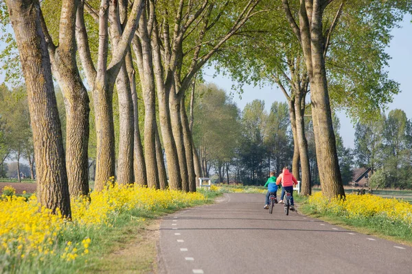 Gelbe Blumen Und Bunte Kinder Auf Fahrrad Auf Landstraße Frühling — Stockfoto