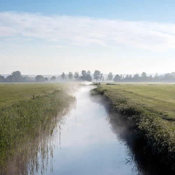 Paisagem do campo com canal e prados em névoa matinal na província holandesa de utrecht — Fotografia de Stock