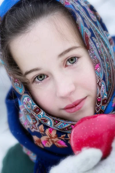 Dívka Ruské Šátek Zimě — Stock fotografie
