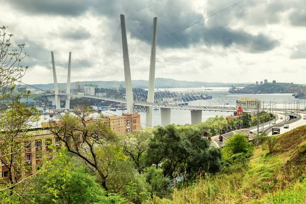 Golden Köprüsü ve Vladivostok denizde güzel görünümü — Stok fotoğraf