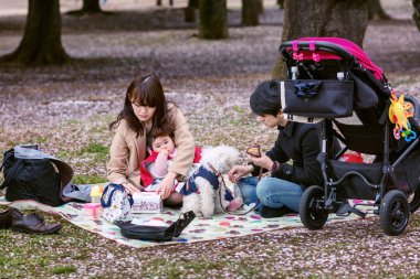 Tokyo, Japonya, 10 Nisan 2017: İnsanlar parkta dinlenme