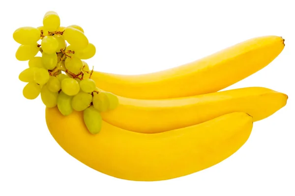 Φωτεινό Ζουμερά Μπανάνες Και Πράσινα Σταφύλια Όμορφη Νεκρή Φύση Απομονωμένα — Φωτογραφία Αρχείου