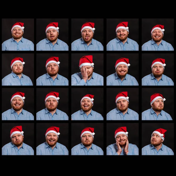 一组感情用事的照片：一个戴着红胡子头戴圣诞帽的年轻人。 节日气氛。 黑色背景. — 图库照片