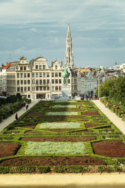 Brüksel, Belçika, 10 / 14 / 2019: Eski kentin merkezinde çiçekli güzel canlı çimenler. 