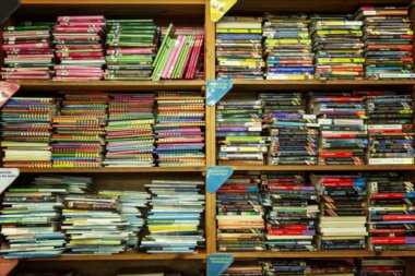 Mağazadaki raflarda bir sürü farklı kitap var. Büyük seçim. Bilgi ve eğitim. Görüntü Arkaplanı. Metin için boşluk.