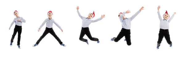 Conjunto de imágenes de un niño en edad escolar en un sombrero de Santa Claus. Humor de Año Nuevo. Collage. Aislado sobre fondo blanco . — Foto de Stock