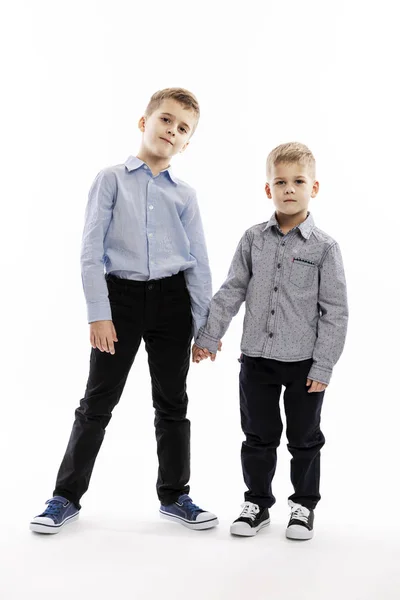 Kleine broertjes in blauwe shirts staan hand in hand naar de camera te kijken. Witte achtergrond. — Stockfoto