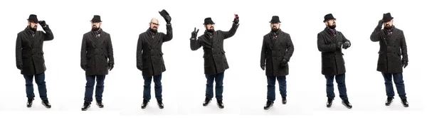 Conjunto de imagens de um homem elegante em um chapéu e casaco. Altura total. Fundo branco. Colagem . — Fotografia de Stock
