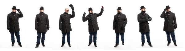 Conjunto de imágenes de un hombre elegante con sombrero y abrigo. A toda altura. Fondo blanco. Collage. . — Foto de Stock