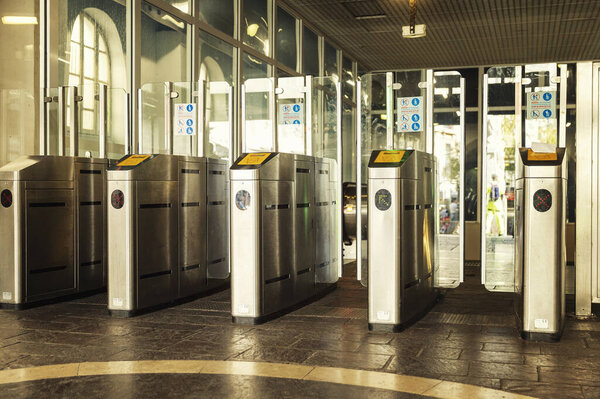 Marseille, France, 10/07/2019: Turnstiles at the entrance to the metro.