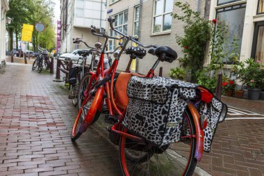 Bisikletler Amsterdam 'da bir evin avlusuna park edilmiş.. 
