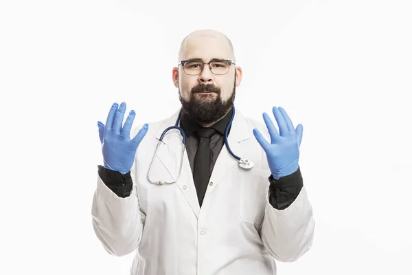 Male Doctor White Medical Coat Blue Latex Gloves White Background — Stock Photo, Image