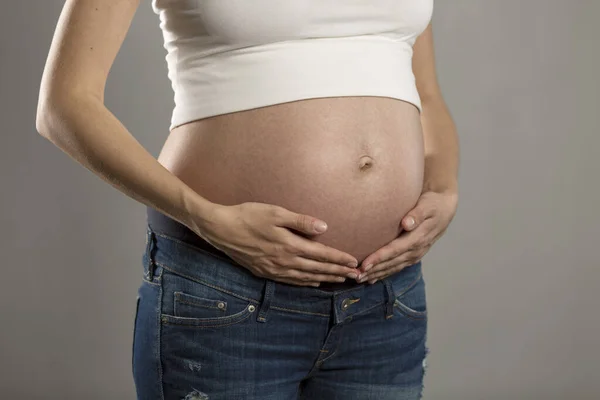 Big Belly Pregnant Woman Gray Background Close — Stock Photo, Image