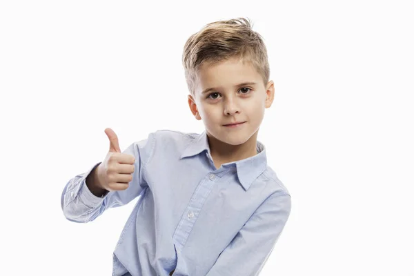 Chico Escuela Riéndose Con Una Camisa Azul Aislado Sobre Fondo — Foto de Stock