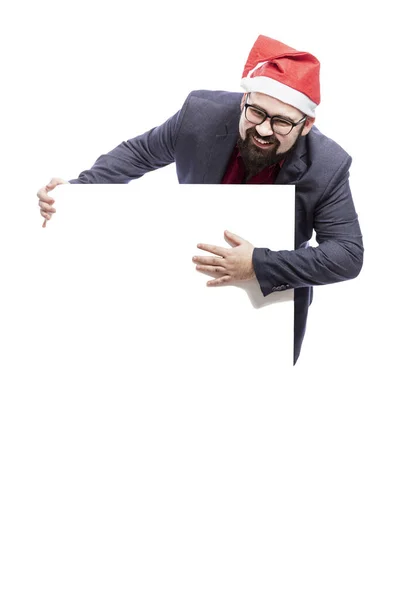 一个戴眼镜 手上拿着空白海报的人 被白色的背景隔离了垂直的 案文的篇幅 — 图库照片