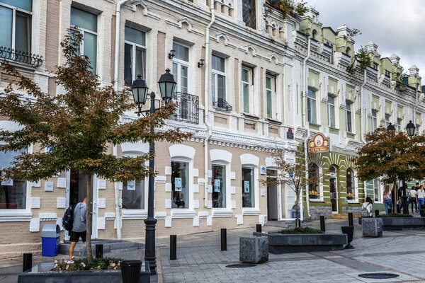 Vladivostok, Russia, 09/22/2017: Beautiful old buildings on the pedestrian Arbat street in the city center.