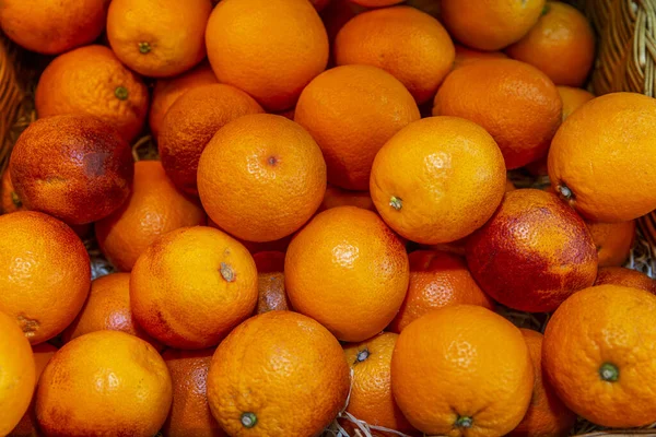 Red Sicilian Oranges Counter Supermarket Close Top View Strengthening Immunity — Stock Photo, Image