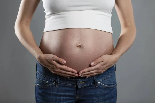 Big Belly Pregnant Woman Faithful Background Pleasant Expectation Close — Stock Photo, Image