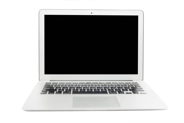 Laptop Aberto Com Isolado Tela Preta Fundo Branco Espaço Para — Fotografia de Stock