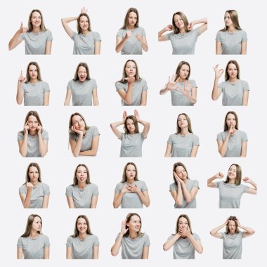 Farklı duyguları olan genç bir kızın görüntüleri. Beyaz arka planda. Kare. Kolaj.