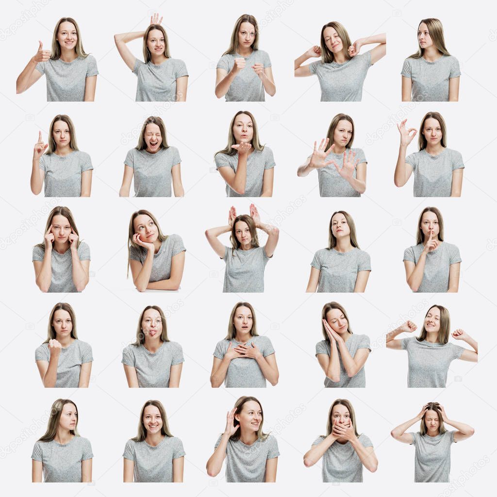 Set of images of a young girl with different emotions. On white background. Square. Collage.