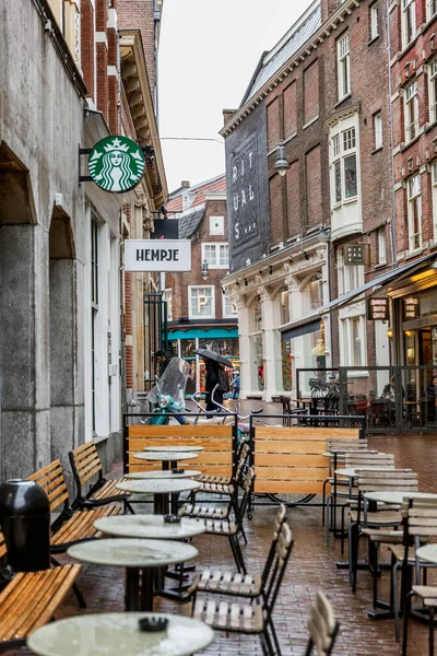 Amsterdam Pays Bas 2019 Tables Vides Dans Café Rue Centre — Photo