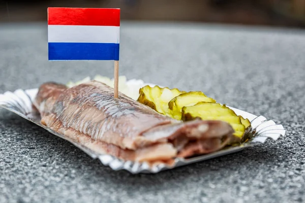 Kağıt tabakta geleneksel Hollanda aperatifi: ringa, salatalık ve soğan. Sokak kafelerinde popüler bir yemek. Yakın plan..