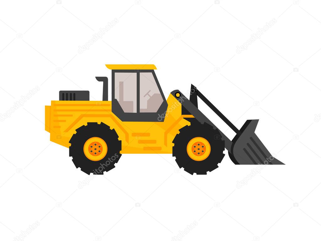 Front end loader flat cartoon style. construction equipment. excavator vector illustration