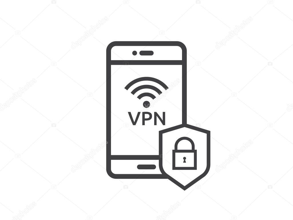Mobile phone shield line icon, Internet VPN Security Concept vector illustration
