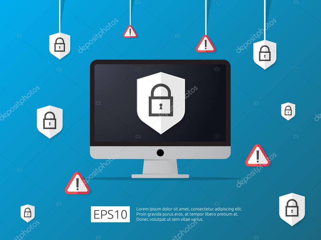 Computer shield and alert line icon, Internet VPN Security banner Concept vector illustration