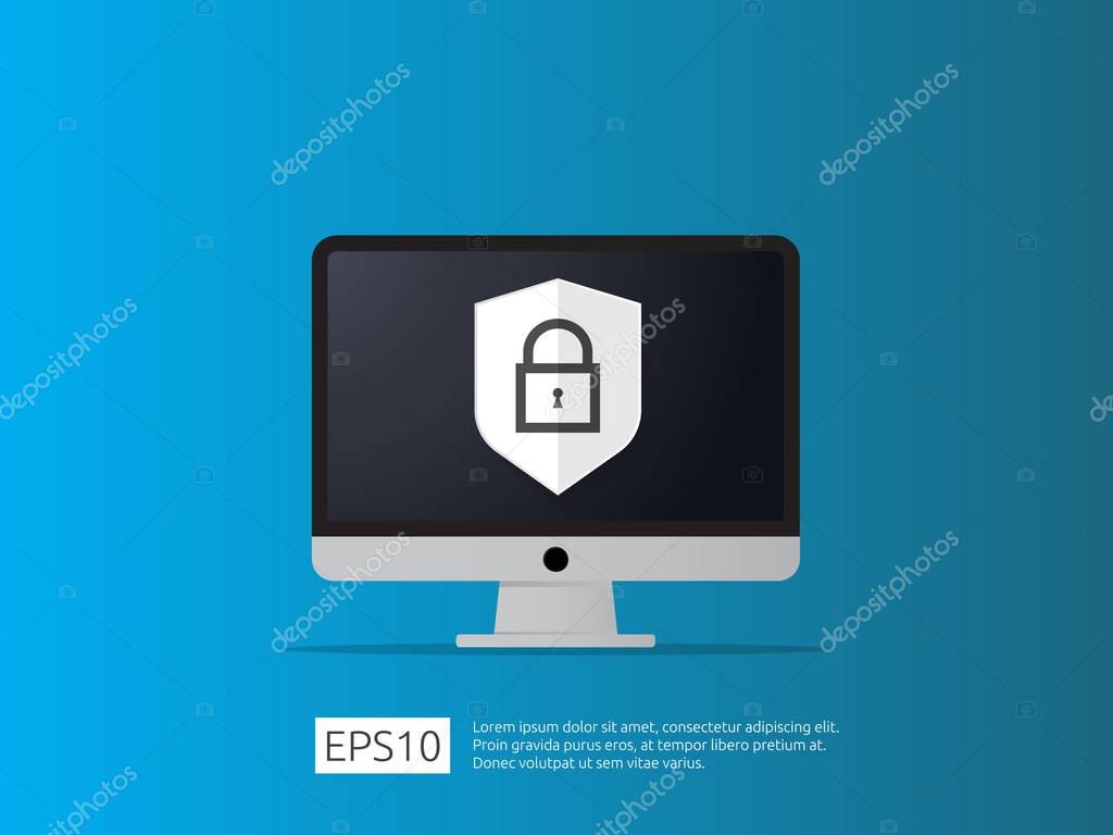 Computer shield line icon, Internet VPN Security banner Concept vector illustration