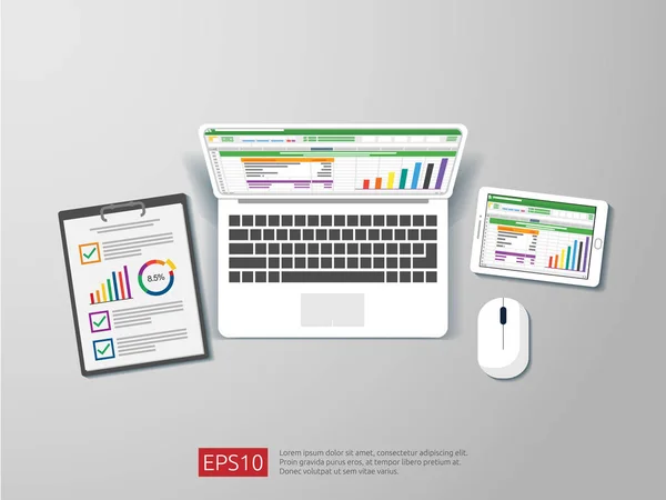 iş öğesi düz stil işyeri tasarım konsepti içinde. Üstten Görünüm dizüstü, rapor ve tablet elektronik tablo ile. Office şeyler için planlama ve muhasebe, analiz, denetim, proje yönetimi, marketin