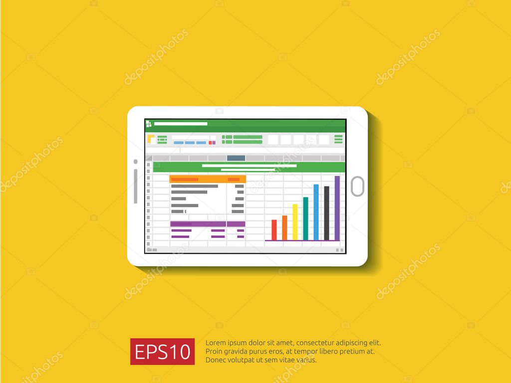 laptop with spreadsheet. office things for planning and accounting, analysis, audit, project management, marketing, research vector illustration.