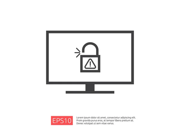컴퓨터 Pc 화면 오픈 자물쇠 주의 아이콘 느낌표 경고 표지판을 경고와 함께. 계정 액세스 보안 배너 개념입니다. 개인 액세스, 사용자 권한 부여, Vpn 인터넷 보호의 안전. — 스톡 벡터