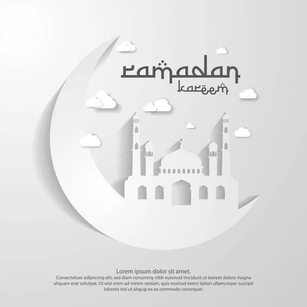 Ramadan Kareem islamic desain kartu ucapan dengan bulan 3D dan elemen masjid kubah dalam potongan kertas gaya. ilustrasi vektor latar belakang . - Stok Vektor